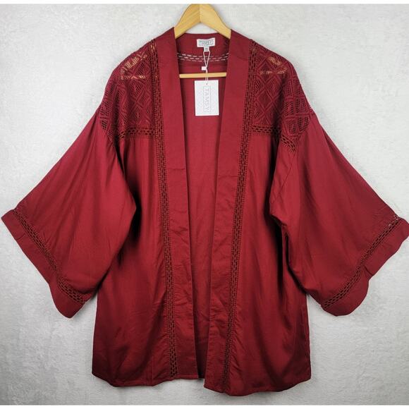 Bohemian Cardigan OS Kimono Sleeves Crotchet Open Front Burgundy Cover Up Casual - Picture 1 of 9